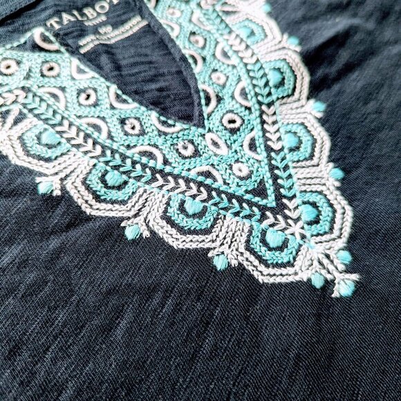 Talbots Navy Embroidered Split Neck Tee - 100% Cotton - Picture 4 of 10